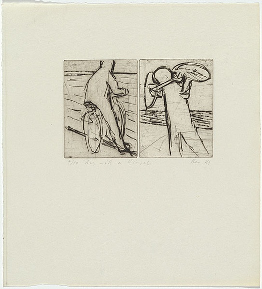 Artist: b'MADDOCK, Bea' | Title: b'Boy with a bicycle' | Date: 1964 | Technique: b'drypoint, printed in black ink with plate-tone, from two abutted copper plates' Artist: b'MADDOCK, Bea' | Title: b'Boy with a bicycle' | Date: 1964 | Technique: b'drypoint, printed in black ink with plate-tone, from two abutted copper plates'