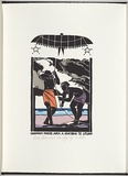 Artist: White, Robin. | Title: Not titled (these two men are flying a kite). | Date: 1985 | Technique: woodcut, printed in black ink, from one block; handcoloured