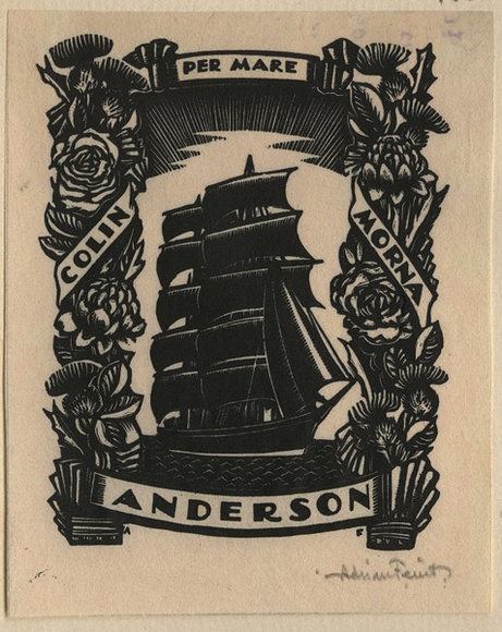 Artist: b'FEINT, Adrian' | Title: b'Bookplate: Colin, Morna ANDERSON.' | Date: 1932 | Technique: b'wood-engraving, printed in black ink, from one block' | Copyright: b'Courtesy the Estate of Adrian Feint' Artist: b'FEINT, Adrian' | Title: b'Bookplate: Colin, Morna ANDERSON.' | Date: 1932 | Technique: b'wood-engraving, printed in black ink, from one block' | Copyright: b'Courtesy the Estate of Adrian Feint'