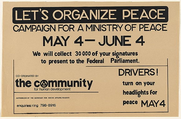 Artist: b'Community for Human Development.' | Title: bLet's organize peace. | Date: c.1984 | Technique: b'screenprint, printed in black ink, from one stencil' Artist: b'Community for Human Development.' | Title: bLet's organize peace. | Date: c.1984 | Technique: b'screenprint, printed in black ink, from one stencil'