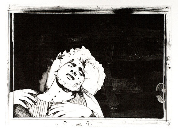 Artist: b'SHOMALY, Alberr' | Title: b'(Alberr in foreground - 3 figures & car)' | Date: 1973 | Technique: b'photo-etching and etching, printed in black ink, from one plate' Artist: b'SHOMALY, Alberr' | Title: b'(Alberr in foreground - 3 figures & car)' | Date: 1973 | Technique: b'photo-etching and etching, printed in black ink, from one plate'