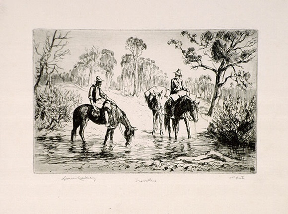 Artist: b'LINDSAY, Lionel' | Title: b'Travellers' | Date: 1938 | Technique: b'etching, printed in black ink with plate-tone, from one plate' | Copyright: b'Courtesy of the National Library of Australia' Artist: b'LINDSAY, Lionel' | Title: b'Travellers' | Date: 1938 | Technique: b'etching, printed in black ink with plate-tone, from one plate' | Copyright: b'Courtesy of the National Library of Australia'