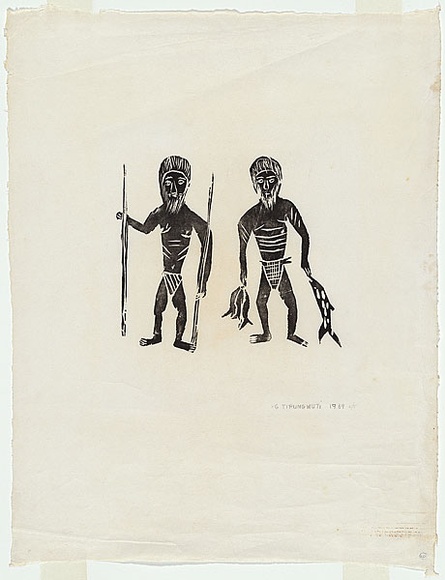 Artist: b'Tipungwuti, Giovanni (John).' | Title: b'Two fishermen.' | Date: 1969 | Technique: b'woodcut, printed in black ink, from one block' Artist: b'Tipungwuti, Giovanni (John).' | Title: b'Two fishermen.' | Date: 1969 | Technique: b'woodcut, printed in black ink, from one block'