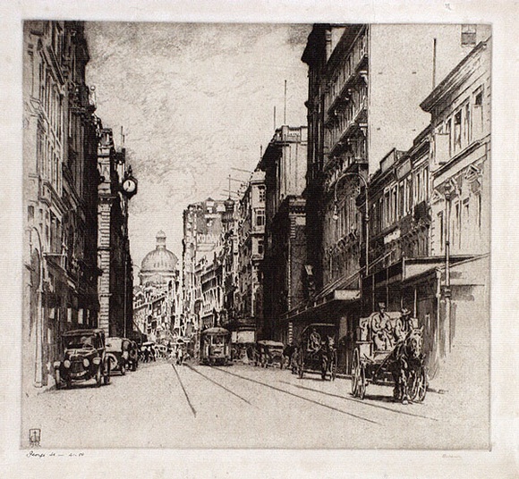 Artist: b'Warner, Alfred Edward.' | Title: b'George Street' | Date: 1922 | Technique: b'etching, printed in brown ink, from one plate' Artist: b'Warner, Alfred Edward.' | Title: b'George Street' | Date: 1922 | Technique: b'etching, printed in brown ink, from one plate'