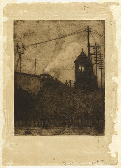 Artist: b'Traill, Jessie.' | Title: b'The signal-box.' | Date: 1910 | Technique: b'etching, drypoint and foul biting, printed in warm brown ink with plate-tone, from one plate' Artist: b'Traill, Jessie.' | Title: b'The signal-box.' | Date: 1910 | Technique: b'etching, drypoint and foul biting, printed in warm brown ink with plate-tone, from one plate'