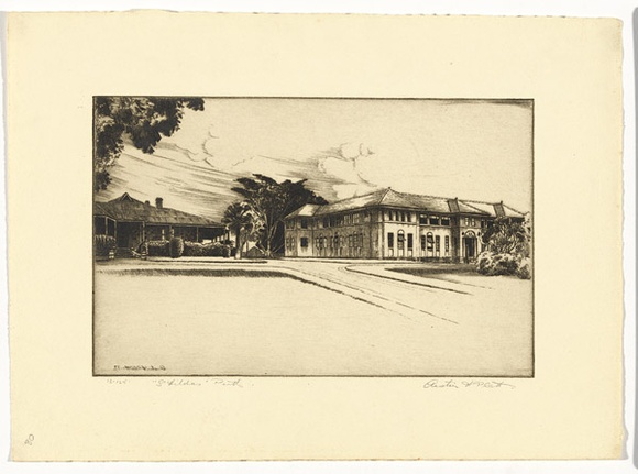 Artist: b'PLATT, Austin' | Title: bSt Hilda's, Perth | Date: 1937 | Technique: b'etching, printed in black ink, from one plate' Artist: b'PLATT, Austin' | Title: bSt Hilda's, Perth | Date: 1937 | Technique: b'etching, printed in black ink, from one plate'