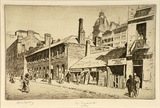 Artist: LINDSAY, Lionel | Title: Old Elizabeth Street | Date: 1935 | Technique: etching, drypoint and foul biting, printed in brown ink with plate-tone, from one plate | Copyright: Courtesy of the National Library of Australia