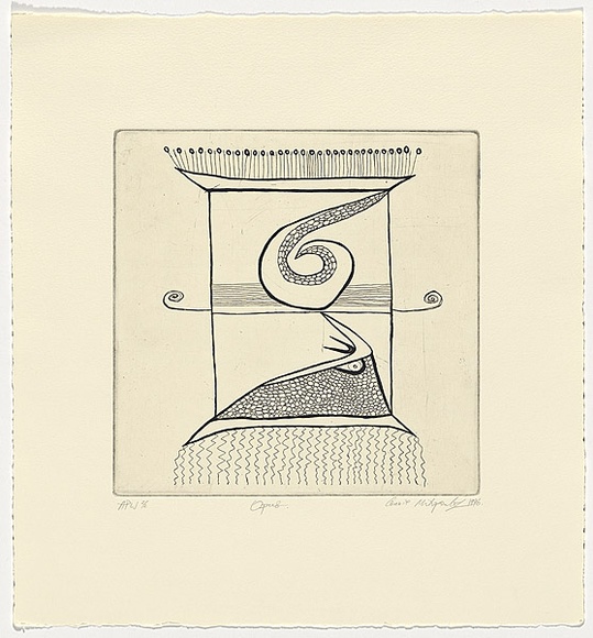 Artist: b'MITROPOULOS, Connie' | Title: b'Opus' | Date: 1996, July/August | Technique: b'etching, printed in black, from one plate' Artist: b'MITROPOULOS, Connie' | Title: b'Opus' | Date: 1996, July/August | Technique: b'etching, printed in black, from one plate'
