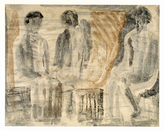 Artist: b'Molvig, Jon' | Title: b'(Three seated figures) (Classical figures)' | Date: c.1950 | Technique: b'monotype, printed in colour' Artist: b'Molvig, Jon' | Title: b'(Three seated figures) (Classical figures)' | Date: c.1950 | Technique: b'monotype, printed in colour'