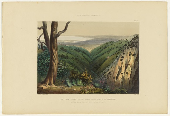 Artist: b'Angas, George French.' | Title: b'View from Mount Lofty, looking over the plains of Adelaide.' | Date: 1846-47 | Technique: b'lithograph, printed in colour, from multiple stones; varnish highlights by brush' Artist: b'Angas, George French.' | Title: b'View from Mount Lofty, looking over the plains of Adelaide.' | Date: 1846-47 | Technique: b'lithograph, printed in colour, from multiple stones; varnish highlights by brush'