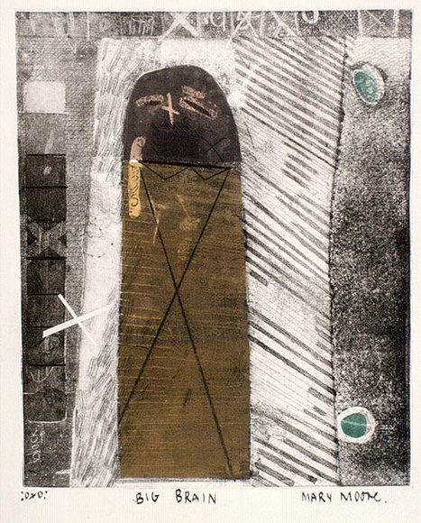 Artist: b'Moore, Mary.' | Title: b'Big brain' | Date: 1977 | Technique: b'aquatint and etching, printed in black ink, from one zinc plate with offset stencils printed in colour' | Copyright: b'\xc2\xa9 Mary Moore' Artist: b'Moore, Mary.' | Title: b'Big brain' | Date: 1977 | Technique: b'aquatint and etching, printed in black ink, from one zinc plate with offset stencils printed in colour' | Copyright: b'\xc2\xa9 Mary Moore'