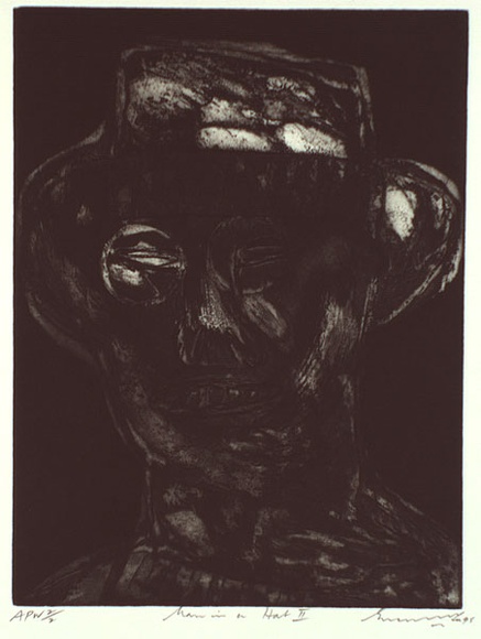 Artist: b'Lee, Graeme.' | Title: b'Man in a hat II' | Date: 1995, December | Technique: b'etching, printed in black ink, from one plate' Artist: b'Lee, Graeme.' | Title: b'Man in a hat II' | Date: 1995, December | Technique: b'etching, printed in black ink, from one plate'