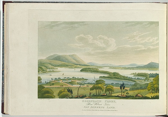 Artist: b'Lycett, Joseph.' | Title: bRoseneath Ferry, near Hobart Town, Van Demen's Land. | Date: 1824 | Technique: b'aquatint, etching, roulette, hand-coloured' Artist: b'Lycett, Joseph.' | Title: bRoseneath Ferry, near Hobart Town, Van Demen's Land. | Date: 1824 | Technique: b'aquatint, etching, roulette, hand-coloured'