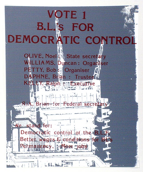 Artist: b'Hayes, Ray.' | Title: bVote 1: B.L.'s for Democratic control. | Date: 1978 | Technique: b'screenprint, printed in colour, from two stencils' Artist: b'Hayes, Ray.' | Title: bVote 1: B.L.'s for Democratic control. | Date: 1978 | Technique: b'screenprint, printed in colour, from two stencils'