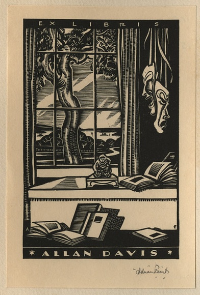 Artist: b'FEINT, Adrian' | Title: b'Bookplate: Allan Davis.' | Date: (1934) | Technique: b'wood-engraving, printed in black ink, from one block' | Copyright: b'Courtesy the Estate of Adrian Feint' Artist: b'FEINT, Adrian' | Title: b'Bookplate: Allan Davis.' | Date: (1934) | Technique: b'wood-engraving, printed in black ink, from one block' | Copyright: b'Courtesy the Estate of Adrian Feint'