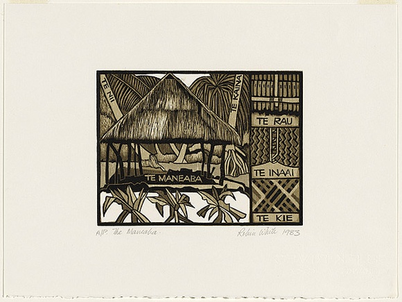 Artist: b'White, Robin.' | Title: b'Te maneaba' | Date: 1983 | Technique: b'woodcut, printed in colour, from four blocks (black and three brown inks)' Artist: b'White, Robin.' | Title: b'Te maneaba' | Date: 1983 | Technique: b'woodcut, printed in colour, from four blocks (black and three brown inks)'