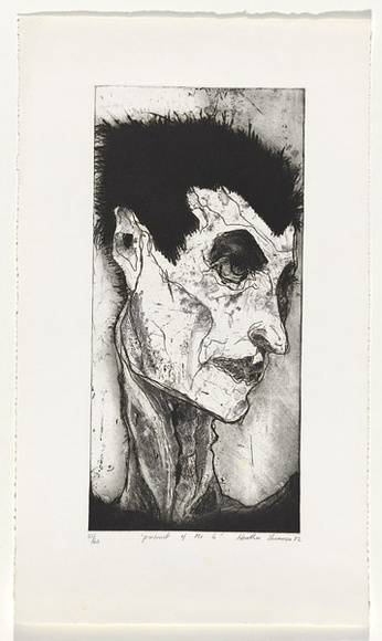 Artist: b'SHIMMEN, Heather' | Title: b'Portrait of Mr G' | Date: 1982 | Technique: b'etching, softground etching and aquatint, printed in black ink, from one plate' | Copyright: b'\xc2\xa9 Heather Shimmen' Artist: b'SHIMMEN, Heather' | Title: b'Portrait of Mr G' | Date: 1982 | Technique: b'etching, softground etching and aquatint, printed in black ink, from one plate' | Copyright: b'\xc2\xa9 Heather Shimmen'