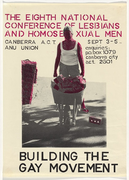 Artist: b'UNKNOWN' | Title: b'The eighth National Conference of Lesbians and Homosexual Men: Building the Gay movement' | Date: 1982 | Technique: b'screenprint, printed in colour from two stencils' Artist: b'UNKNOWN' | Title: b'The eighth National Conference of Lesbians and Homosexual Men: Building the Gay movement' | Date: 1982 | Technique: b'screenprint, printed in colour from two stencils'