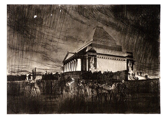 Artist: b'Baldwinson, Arthur.' | Title: b'Dawn Service, Shrine of Remembrance, Melbourne.' | Date: 1930 | Technique: b'etching and aquatint, printed in black ink with plate-tone, from one copper plate' Artist: b'Baldwinson, Arthur.' | Title: b'Dawn Service, Shrine of Remembrance, Melbourne.' | Date: 1930 | Technique: b'etching and aquatint, printed in black ink with plate-tone, from one copper plate'