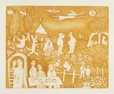 Artist: Allen, Joyce. | Title: (Tea party). | Date: (1980s) | Technique: etching, aquatint printed in ochre, from one  plate