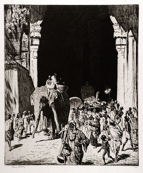 Artist: b'LINDSAY, Lionel' | Title: b'Temple entry, Madura' | Date: 1929 | Technique: b'etching, printed in brown ink, from one plate' | Copyright: b'Courtesy of the National Library of Australia' Artist: b'LINDSAY, Lionel' | Title: b'Temple entry, Madura' | Date: 1929 | Technique: b'etching, printed in brown ink, from one plate' | Copyright: b'Courtesy of the National Library of Australia'