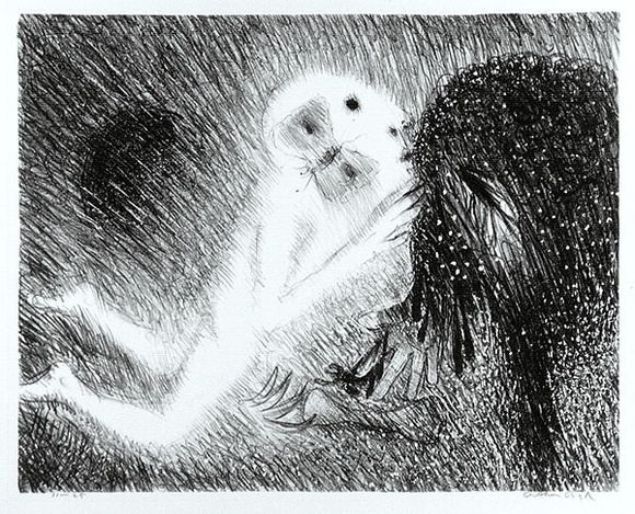 Artist: b'BOYD, Arthur' | Title: b'St Francis kissing the Wolf of Gubbio.' | Date: (1965) | Technique: b'lithograph, printed in black ink, from one plate' Artist: b'BOYD, Arthur' | Title: b'St Francis kissing the Wolf of Gubbio.' | Date: (1965) | Technique: b'lithograph, printed in black ink, from one plate'