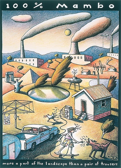 Artist: b'Mambo.' | Title: b'More a part of the landscape than a pair of trousers' | Date: c.1985 | Technique: b'offset-lithograph, printed in colour, from multiple plates' Artist: b'Mambo.' | Title: b'More a part of the landscape than a pair of trousers' | Date: c.1985 | Technique: b'offset-lithograph, printed in colour, from multiple plates'