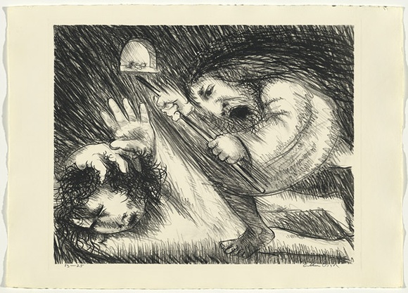 Artist: b'BOYD, Arthur' | Title: b'St Francis being beaten by his father.' | Date: (1965) | Technique: b'lithograph, printed in black ink, from one plate' | Copyright: b'Reproduced with permission of Bundanon Trust' Artist: b'BOYD, Arthur' | Title: b'St Francis being beaten by his father.' | Date: (1965) | Technique: b'lithograph, printed in black ink, from one plate' | Copyright: b'Reproduced with permission of Bundanon Trust'
