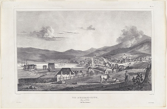 Title: bVue d'Hobart-town.Prise de l'Est (ile Van-Diemen.). (View of Hobart-town from the east) | Date: 1833 | Technique: b'lithograph, printed in black ink, from one stone' Title: bVue d'Hobart-town.Prise de l'Est (ile Van-Diemen.). (View of Hobart-town from the east) | Date: 1833 | Technique: b'lithograph, printed in black ink, from one stone'