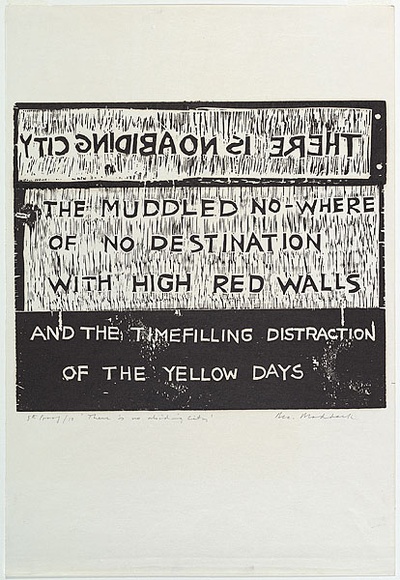 Artist: b'MADDOCK, Bea' | Title: b'There is no abiding city' | Date: 1964 | Technique: b'woodcut, printed in black ink by hand-burnishing, from two pine blocks' Artist: b'MADDOCK, Bea' | Title: b'There is no abiding city' | Date: 1964 | Technique: b'woodcut, printed in black ink by hand-burnishing, from two pine blocks'