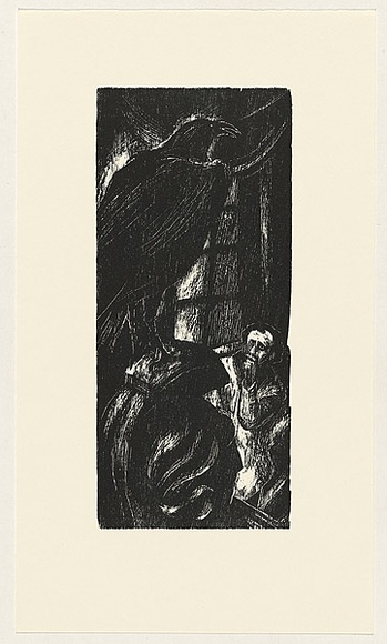 Artist: b'AMOR, Rick' | Title: b'Not titled (large raven and cowering man 1).' | Date: (1990) | Technique: b'woodcut, printed in black ink, from one block' Artist: b'AMOR, Rick' | Title: b'Not titled (large raven and cowering man 1).' | Date: (1990) | Technique: b'woodcut, printed in black ink, from one block'