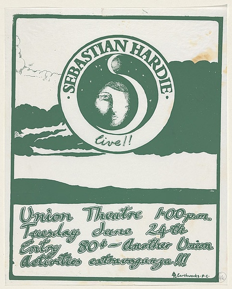 Artist: b'MACKINOLTY, Chips' | Title: b'Sebastian Hardie live!! Union Theatre' | Date: 1976 | Technique: b'screenprint, printed in green ink, from one stencil' Artist: b'MACKINOLTY, Chips' | Title: b'Sebastian Hardie live!! Union Theatre' | Date: 1976 | Technique: b'screenprint, printed in green ink, from one stencil'