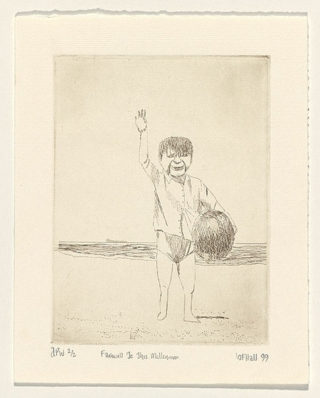 Artist: b'Hall, Wayne.' | Title: b'Farewell to this millennium' | Date: 1999, November | Technique: b'etching, printed in sepia ink, from one plate'