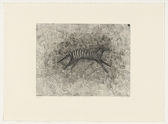 Artist: b'Daw, Robyn.' | Title: b'Tiger over Jetsonville' | Date: 1989, November | Technique: b'etching, printed in black ink, from one plate' Artist: b'Daw, Robyn.' | Title: b'Tiger over Jetsonville' | Date: 1989, November | Technique: b'etching, printed in black ink, from one plate'