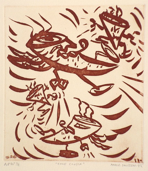 Artist: b'Davidson, Marcus.' | Title: b'Cone clusta' | Date: 1992 | Technique: b'aquatint, printed in red ink, from one plate' Artist: b'Davidson, Marcus.' | Title: b'Cone clusta' | Date: 1992 | Technique: b'aquatint, printed in red ink, from one plate'