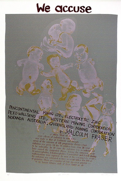 Artist: b'Newmarch, Ann.' | Title: b'We accuse' | Date: 1977 | Technique: b'screenprint, printed in colour, from multiple stencils' Artist: b'Newmarch, Ann.' | Title: b'We accuse' | Date: 1977 | Technique: b'screenprint, printed in colour, from multiple stencils'