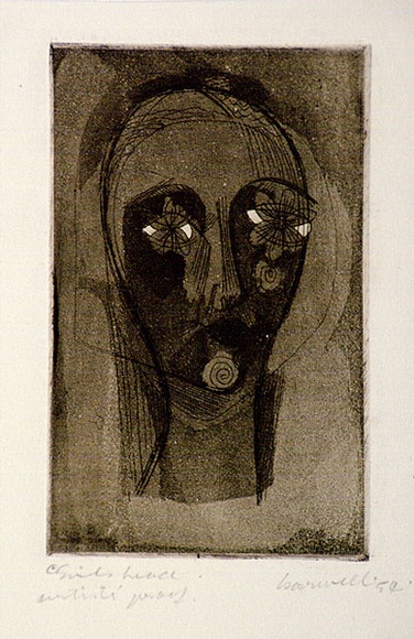 Artist: b'Barwell, Geoff.' | Title: b'Girls head.' | Date: 1954 | Technique: b'etching, drypoint and aquatint, printed in sepia ink, from one plate' Artist: b'Barwell, Geoff.' | Title: b'Girls head.' | Date: 1954 | Technique: b'etching, drypoint and aquatint, printed in sepia ink, from one plate'
