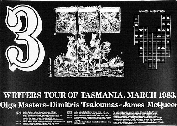 Artist: b'ARNOLD, Raymond' | Title: b'Writers tour of Tasmania. March 1983.' | Date: 1983 | Technique: b'screenprint, printed in black ink, from one stencil' Artist: b'ARNOLD, Raymond' | Title: b'Writers tour of Tasmania. March 1983.' | Date: 1983 | Technique: b'screenprint, printed in black ink, from one stencil'