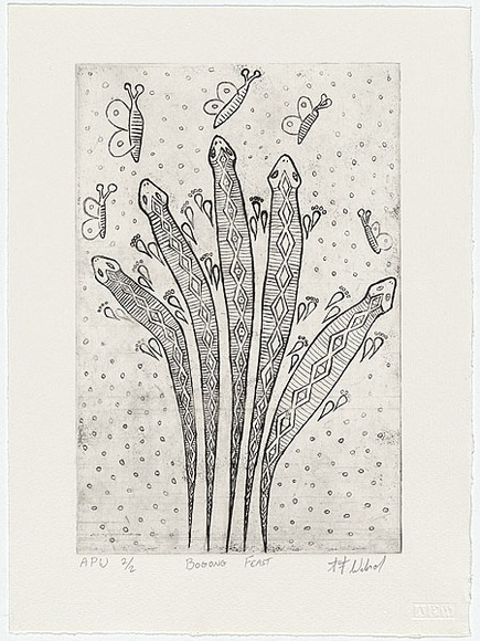 Artist: b'Wilmot, Trina.' | Title: b'Bogong feast' | Date: 2000, June | Technique: b'etching, printed in black ink, from one plate' Artist: b'Wilmot, Trina.' | Title: b'Bogong feast' | Date: 2000, June | Technique: b'etching, printed in black ink, from one plate'