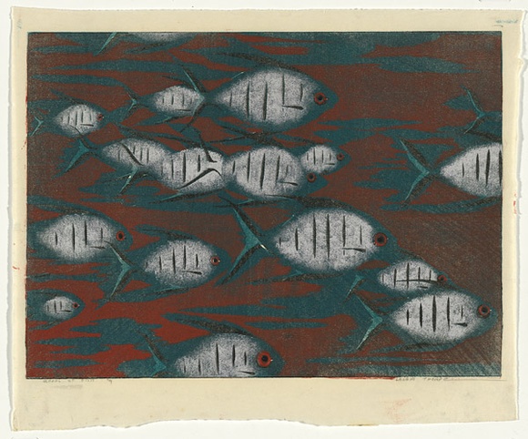 Artist: b'Thorpe, Lesbia.' | Title: b'School of fish' | Date: 1965 | Technique: b'woodcut, printed in colour, from five blocks' Artist: b'Thorpe, Lesbia.' | Title: b'School of fish' | Date: 1965 | Technique: b'woodcut, printed in colour, from five blocks'