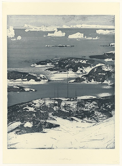 Artist: b'SCHMEISSER, Jorg' | Title: b'Mawson Station' | Date: 2001 | Technique: b'etching, printed in blue/grey ink, from one plate' | Copyright: b'\xc2\xa9 J\xc3\xb6rg Schmeisser' Artist: b'SCHMEISSER, Jorg' | Title: b'Mawson Station' | Date: 2001 | Technique: b'etching, printed in blue/grey ink, from one plate' | Copyright: b'\xc2\xa9 J\xc3\xb6rg Schmeisser'