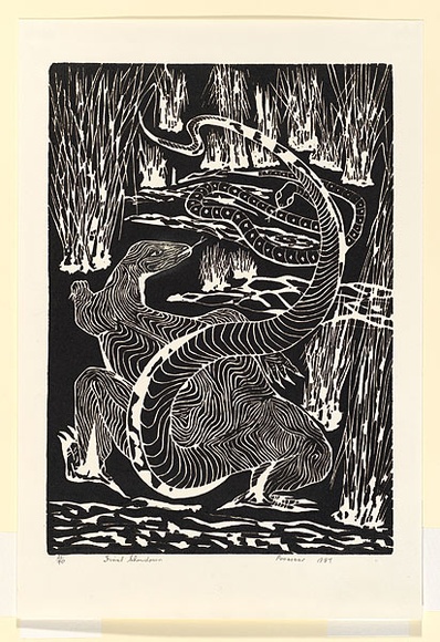 Artist: b'Hayward Pooaraar, Bevan.' | Title: b'Final showdown' | Date: 1987 | Technique: b'linocut'