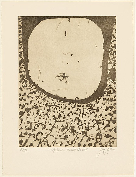 Artist: b'Olsen, John.' | Title: b'Life drawn to the void' | Date: 1975 | Technique: b'sugarlift etching and aquatint, printed in brown ink with plate-tone, from one zinc plate' | Copyright: b'\xc2\xa9 John Olsen. Licensed by VISCOPY, Australia' Artist: b'Olsen, John.' | Title: b'Life drawn to the void' | Date: 1975 | Technique: b'sugarlift etching and aquatint, printed in brown ink with plate-tone, from one zinc plate' | Copyright: b'\xc2\xa9 John Olsen. Licensed by VISCOPY, Australia'