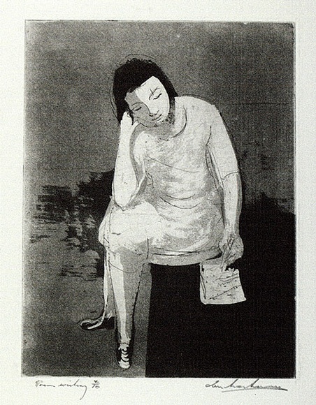 Artist: b'Armstrong, Ian.' | Title: b'Woman writing.' | Date: c.1960 | Technique: b'etching and aquatint, printed in black ink, from one plate' Artist: b'Armstrong, Ian.' | Title: b'Woman writing.' | Date: c.1960 | Technique: b'etching and aquatint, printed in black ink, from one plate'
