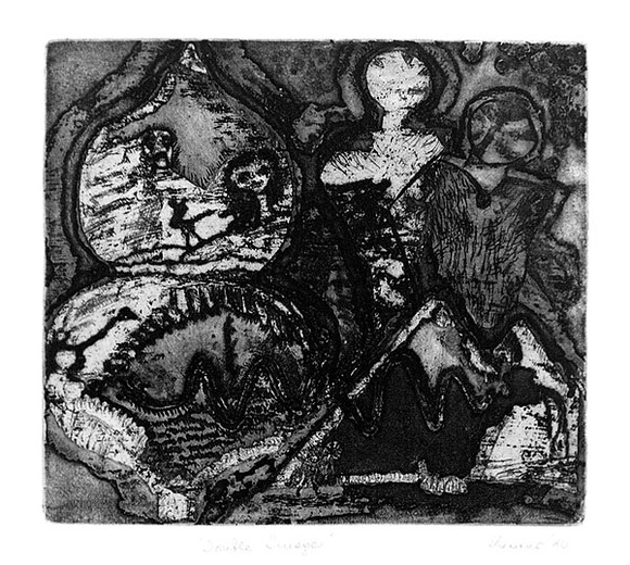 Artist: b'Shearer, Mitzi.' | Title: b'Double image' | Date: 1980 | Technique: b'etching and aquatint, printed in black ink, from one plate' Artist: b'Shearer, Mitzi.' | Title: b'Double image' | Date: 1980 | Technique: b'etching and aquatint, printed in black ink, from one plate'