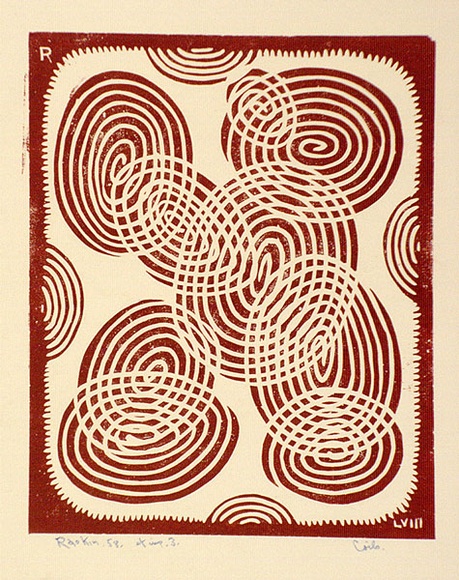 Artist: b'Hawkins, Weaver.' | Title: b'Coils 3' | Date: 1958 | Technique: b'linocut, printed in red ink, from one block' | Copyright: b'The Estate of H.F Weaver Hawkins' Artist: b'Hawkins, Weaver.' | Title: b'Coils 3' | Date: 1958 | Technique: b'linocut, printed in red ink, from one block' | Copyright: b'The Estate of H.F Weaver Hawkins'
