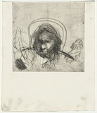 Artist: BOYD, Arthur | Title: (Portrait head in arc). | Date: c.1968 | Technique: etching, printed in black ink, from one plate | Copyright: Reproduced with permission of Bundanon Trust