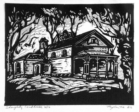 Artist: b'Taylor, John H.' | Title: b'Steiglitz Courthouse' | Date: 1974 | Technique: b'linocut, printed in black and grey ink, from two blocks' Artist: b'Taylor, John H.' | Title: b'Steiglitz Courthouse' | Date: 1974 | Technique: b'linocut, printed in black and grey ink, from two blocks'