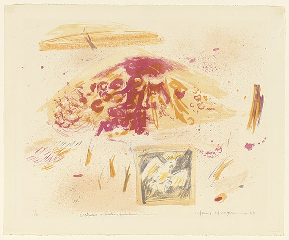 Artist: b'MACQUEEN, Mary' | Title: b'Cockatoo and Crater Mountain' | Date: 1969 | Technique: b'lithograph, printed in colour, from multiple plates' | Copyright: b'Courtesy Paulette Calhoun, for the estate of Mary Macqueen' Artist: b'MACQUEEN, Mary' | Title: b'Cockatoo and Crater Mountain' | Date: 1969 | Technique: b'lithograph, printed in colour, from multiple plates' | Copyright: b'Courtesy Paulette Calhoun, for the estate of Mary Macqueen'