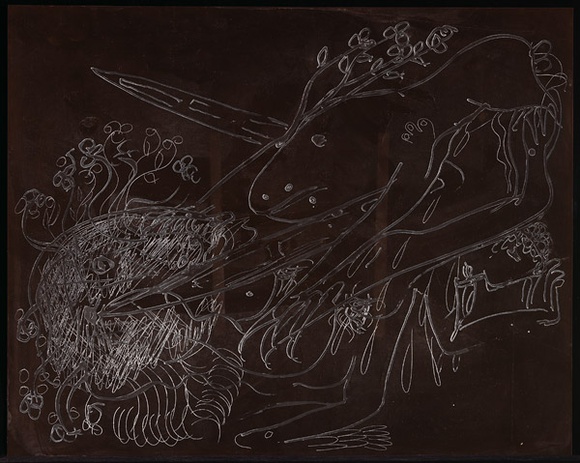 Artist: b'BOYD, Arthur' | Title: b'Plate 131: Dog with crutches and falling figure.' | Date: (1968-69) | Technique: b'etched plate' | Copyright: b'This work appears on screen courtesy of Bundanon Trust' Artist: b'BOYD, Arthur' | Title: b'Plate 131: Dog with crutches and falling figure.' | Date: (1968-69) | Technique: b'etched plate' | Copyright: b'This work appears on screen courtesy of Bundanon Trust'